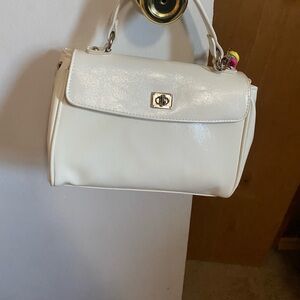 Structured White Top-Handle Satchel with Turn-Lock Closure